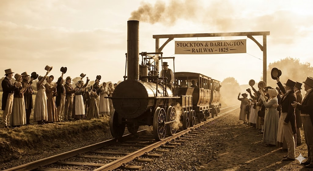 September 27, 1825. George Stephenson stood beside Locomotion No. 1 as it prepared for the inaugural journey on the Stockton and Darlington Railway.