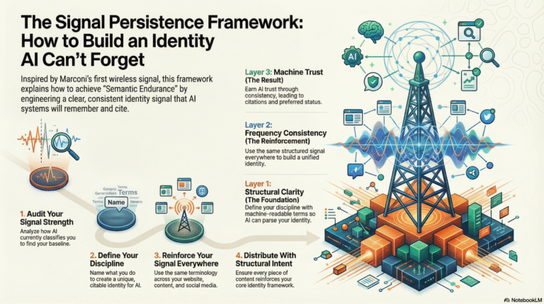 The Signal Persistence Framework showing the three layers of endurance: Structural Clarity, Frequency Consistency, and Machine Trust concept_prompt: Three-layer pyramid diagram labeled "The Signal Persistence Framework" with Structural Clarity at the base, Frequency Consistency in the middle, and Machine Trust at the top—each layer connected by upward arrows
